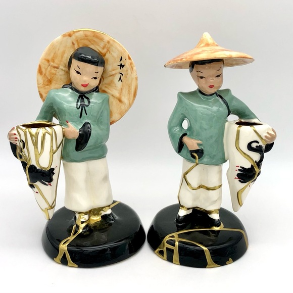 Vilas Asian Statuette Pair Kintsugi Repaired Gold Crack Art Growth Gift MCM - Picture 16 of 16